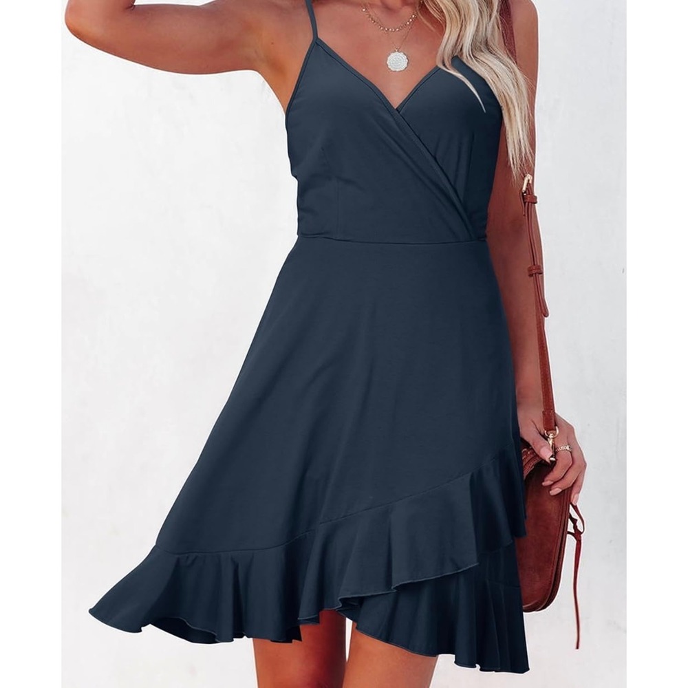 Blue Wrap Front Ruffle Dress Womens Large Navy Casual Flowy Garden Party Preppy